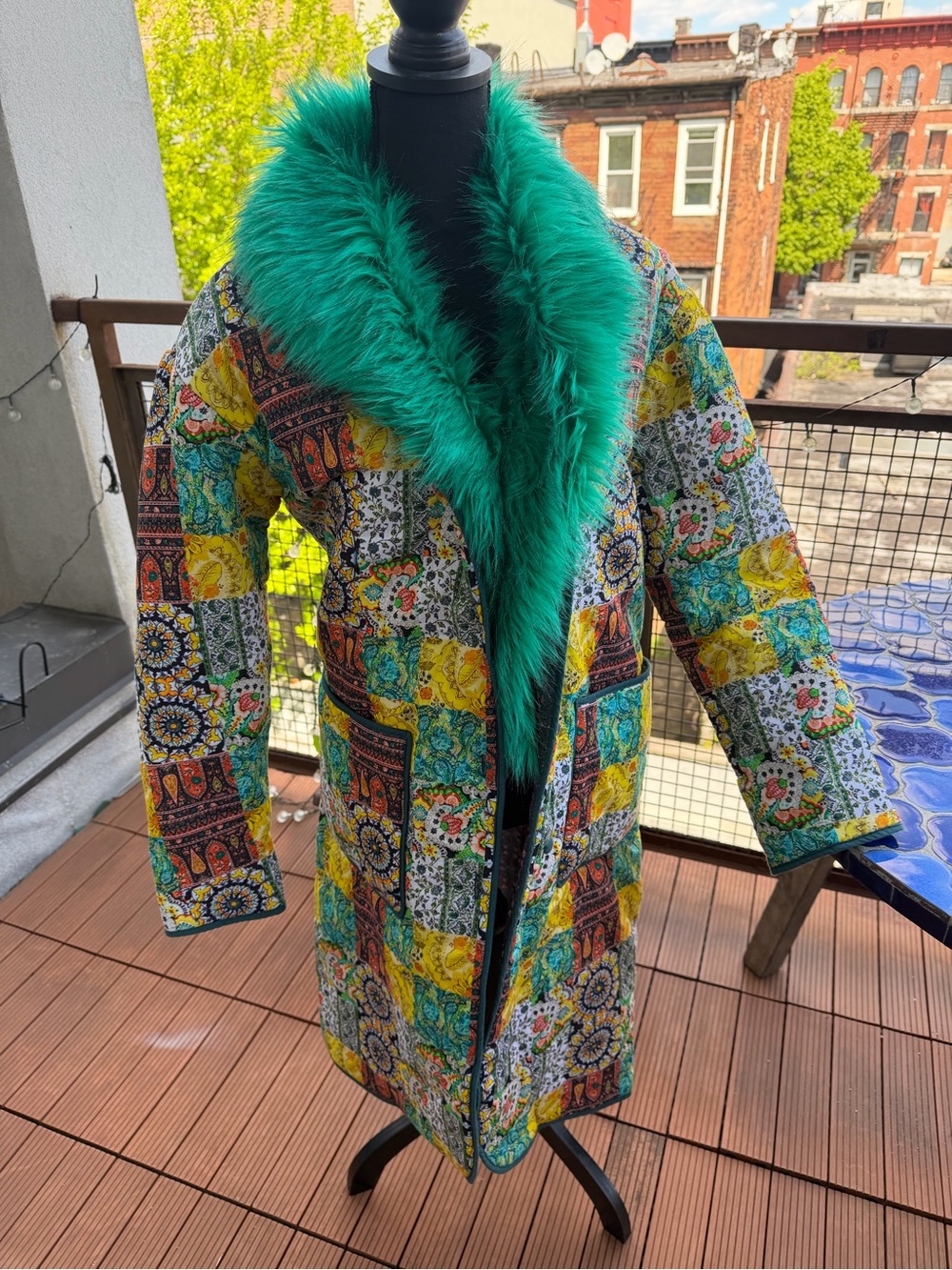 Free People Multicolor Patchwork Coat with Emerald Faux Fur Collar